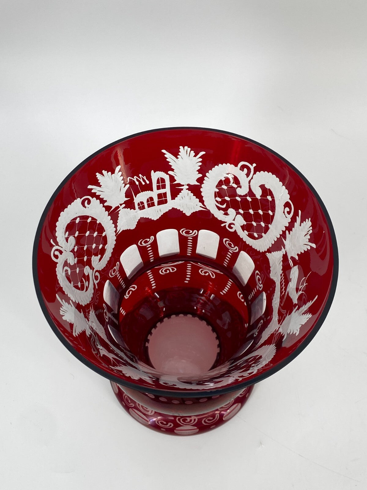 * VASE GROß BÖHMISCHES GLAS BÖHMEN TSCHECHIEN ROT JAGD HIRSCH VINTAGE