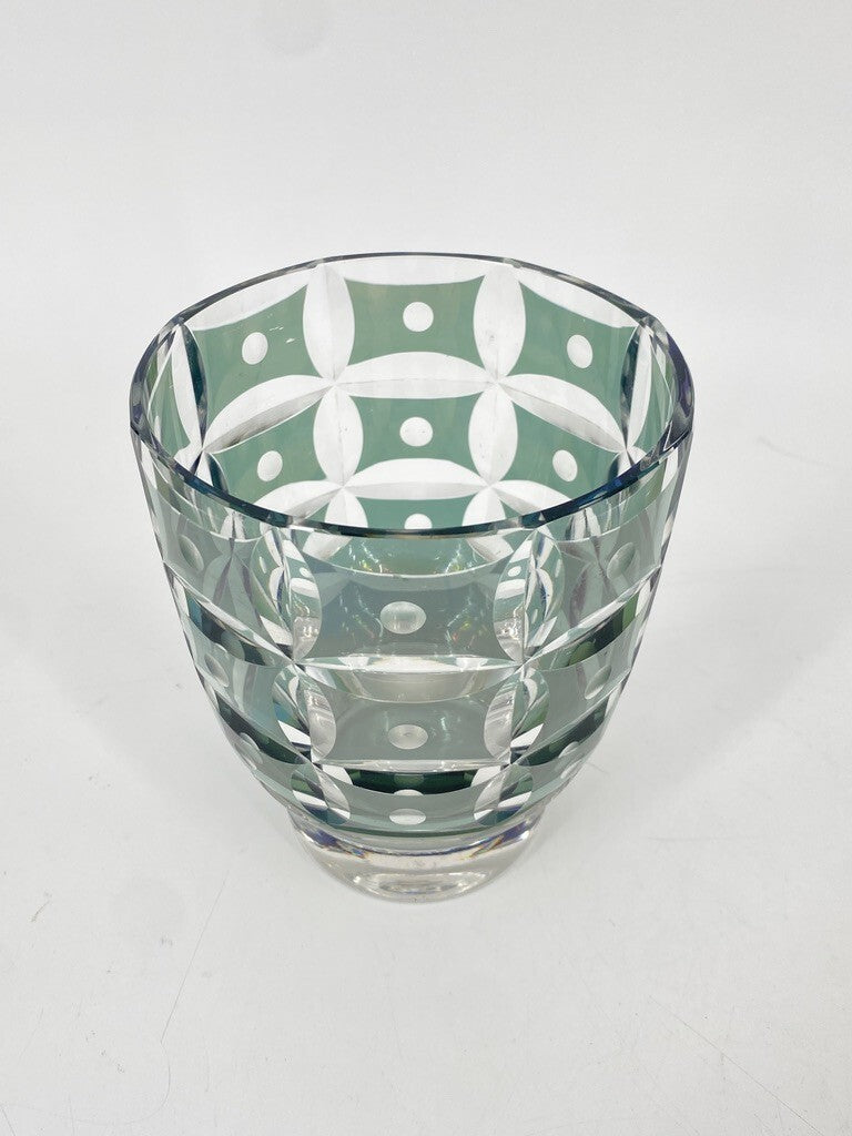* VASE BÖHMISCHES GLAS ART DECO TOPF TÜRKIS BLAU GRÜN GESCHLIFFEN PUNKTE