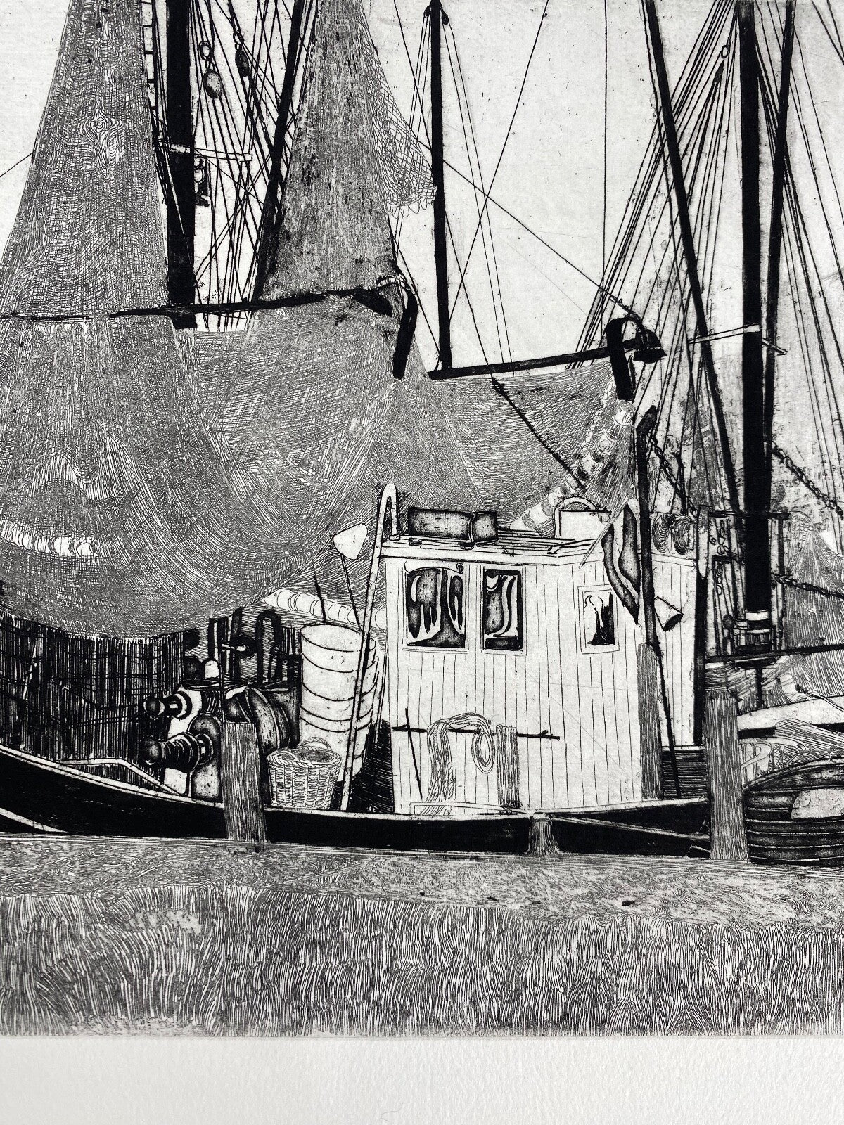 * HERBERT GRUNWALDT 1968 RADIERUNG ORIGINAL KRABBEN FISCHERBOOTE HAFEN SIGNIERT