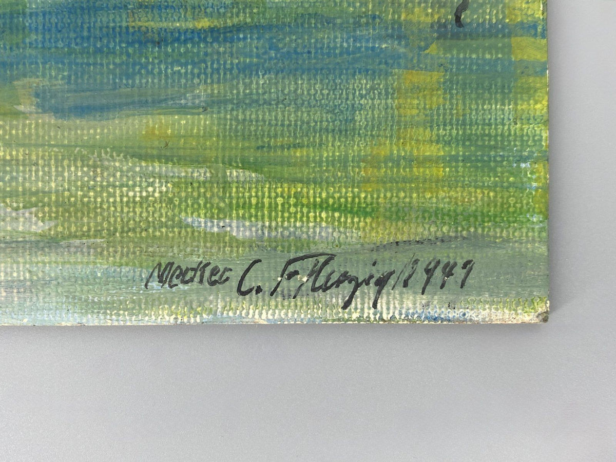 *ÖLGEMÄLDE BERGLANDSCHAFT SEE 1949 SIGNIERT FARBFROH PAPPE