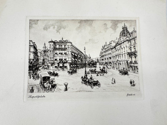 * HEINZ WEHLISCH ORIGINAL RADIERUNG LEOPOLDPLATZ UM 1905 ANSICHT