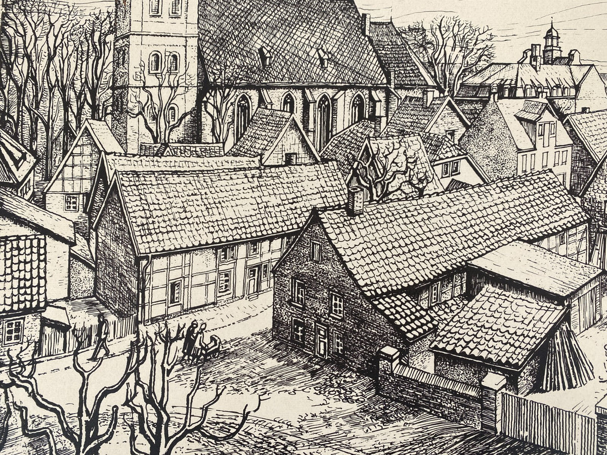 *HERMANN SCHWEIZER GRAFIK SIEBDRUCK STADTANSICHT AHLEN 1954-1976 SIGNIERT ORIGIN