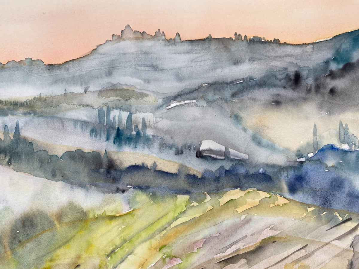*AQUARELLGEMÄLDE ITALIEN LANDSCHAFT MEDITERRAN SONNENAUFGANG HUND SIGRID HANNSE