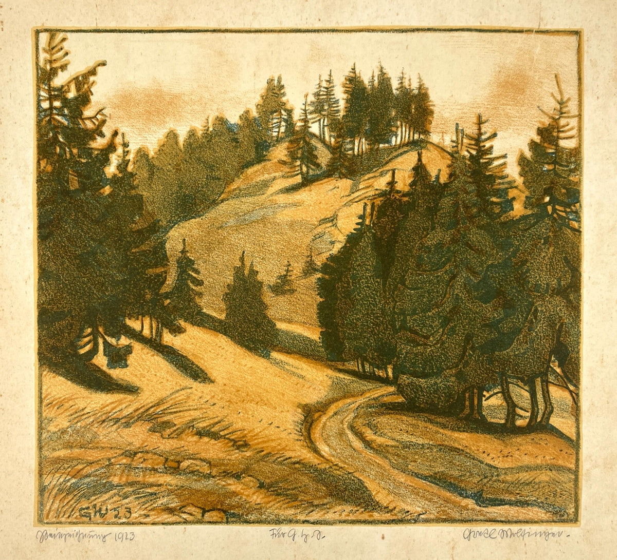 * GRAFIK LITHOGRAFIE GRETE MARGRET WOLFINGER NADELWALD FORSTWEG NADELBAUM 1923