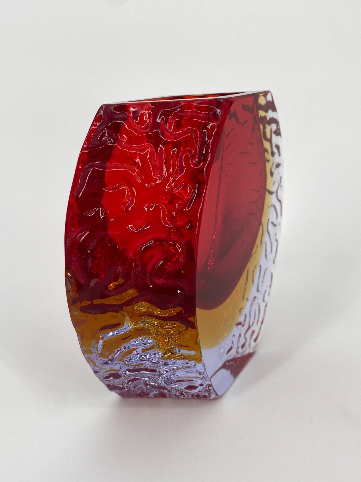 * MID CENTURY DESIGN MURANO GLAS VASE ROT GELB BLEIKRISTALL MANDRUZZATO 13CM