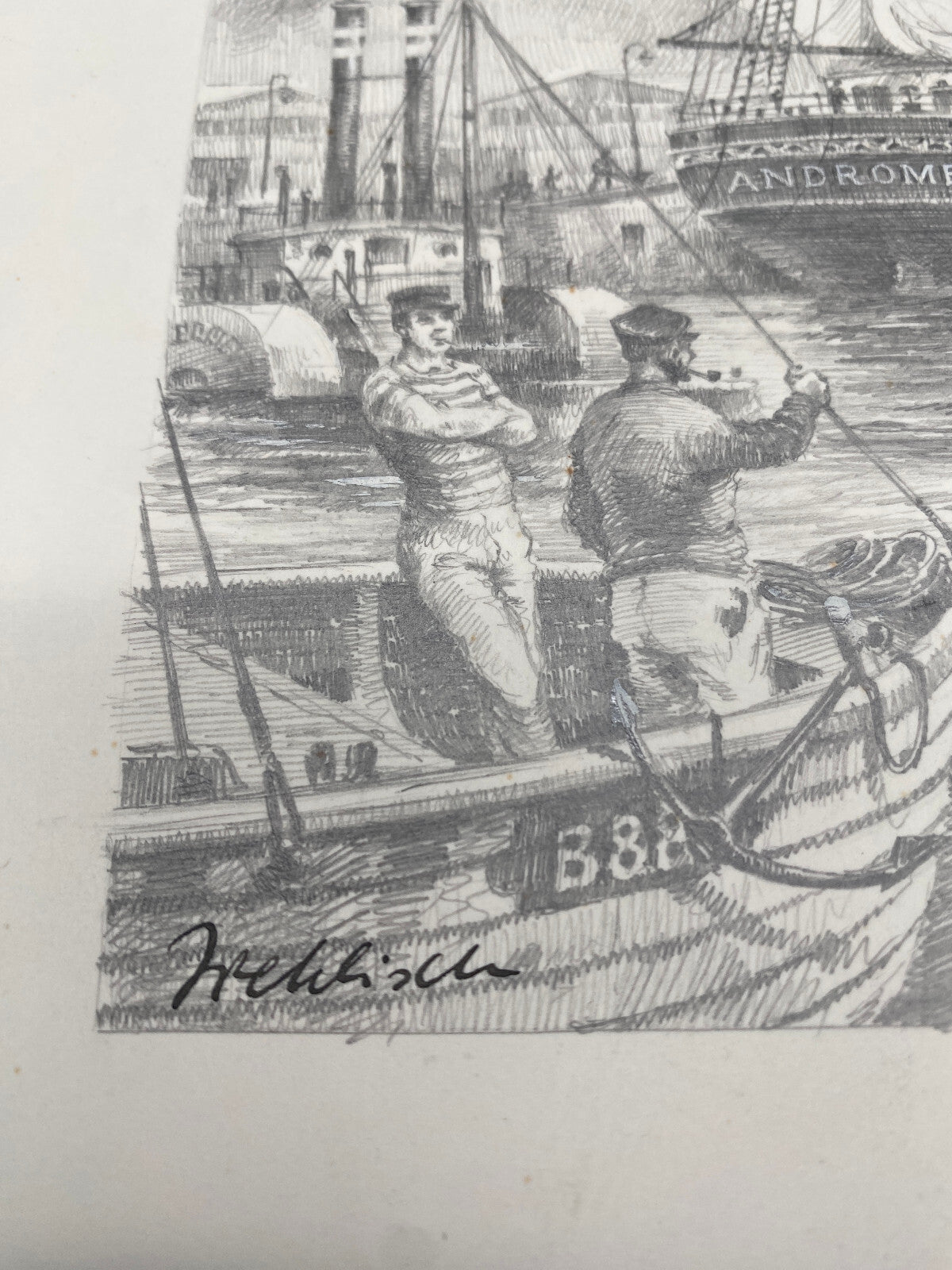 HEINZ WEHLISCH ZEICHNUNG ANSICHT TANKSEGELSCHIFF ANDROMEDA 1880 HANDSIGNIERT