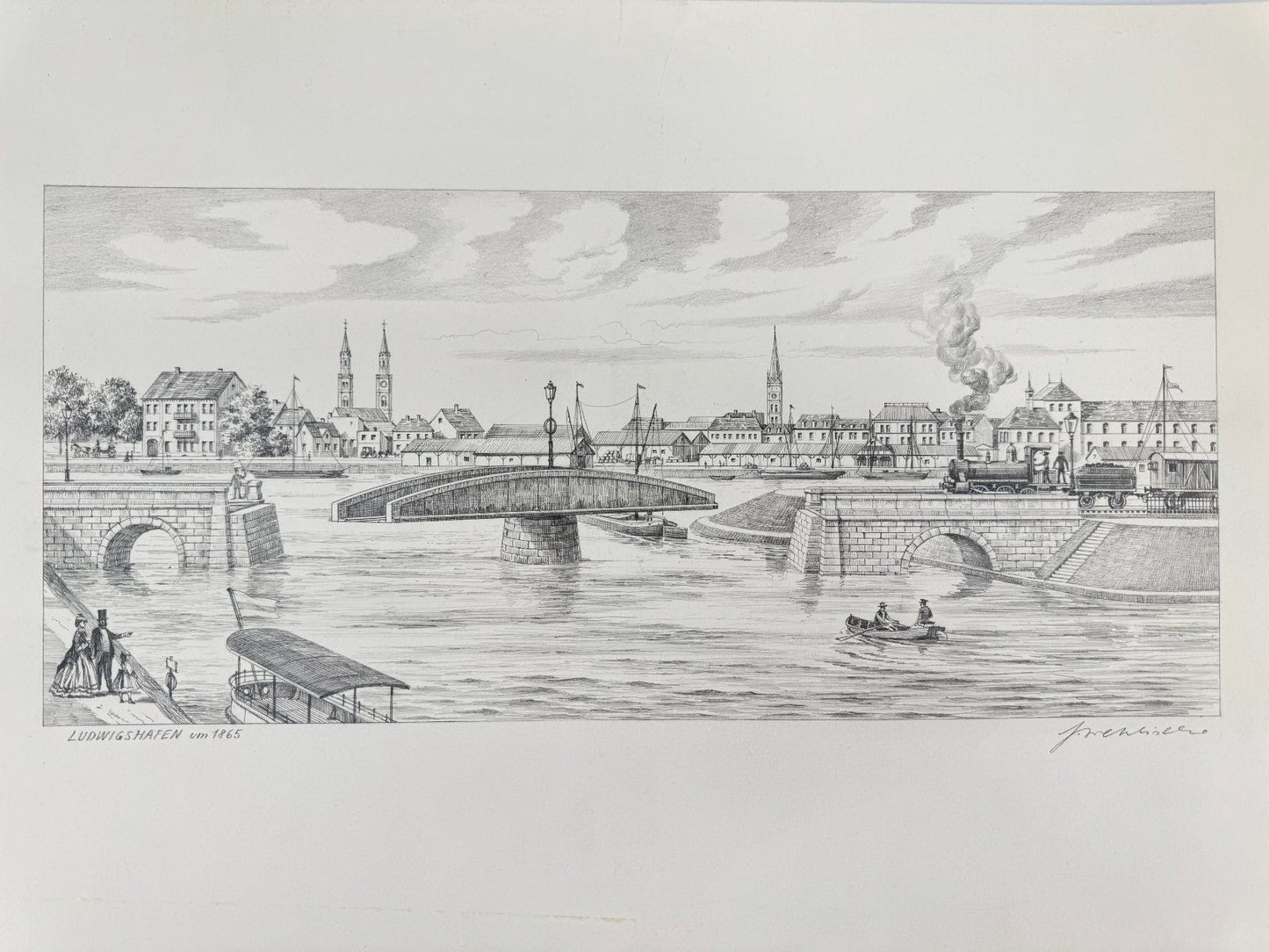 * HEINZ WEHLISCH ZEICHNUNG LUDWIGSHAFEN UM 1865 ANSICHT SIGNIERT