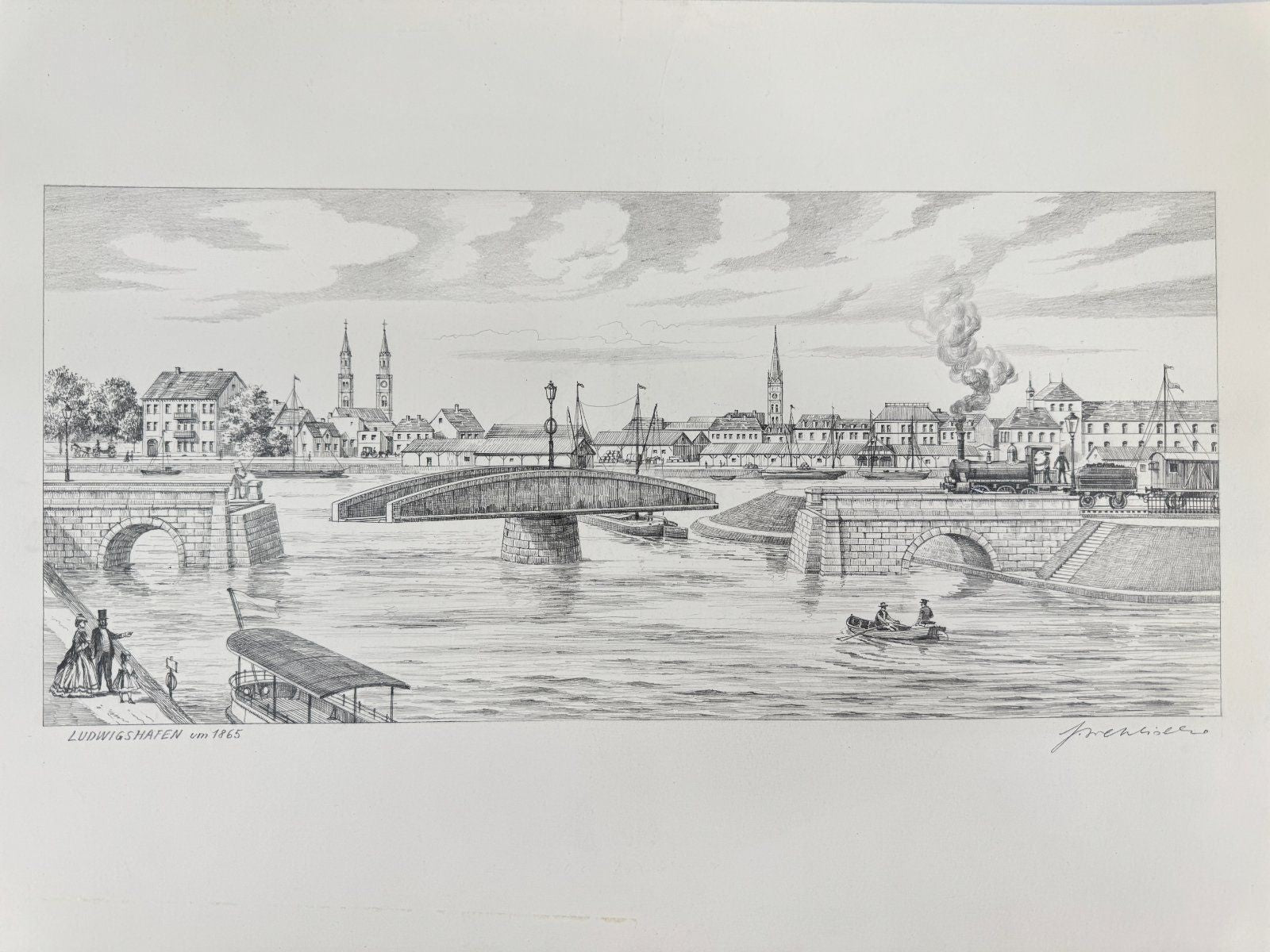 * HEINZ WEHLISCH ZEICHNUNG LUDWIGSHAFEN UM 1865 ANSICHT SIGNIERT
