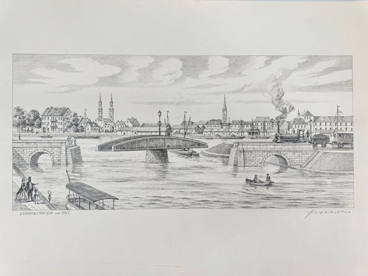 * HEINZ WEHLISCH ZEICHNUNG LUDWIGSHAFEN UM 1865 ANSICHT SIGNIERT