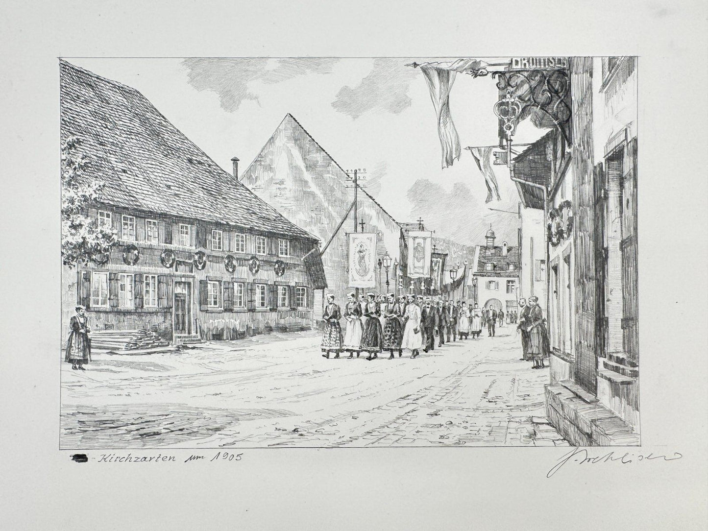 * HEINZ WEHLISCH ZEICHNUNG KIRCHZARTEN UM 1905 ANSICHT SIGNIERT