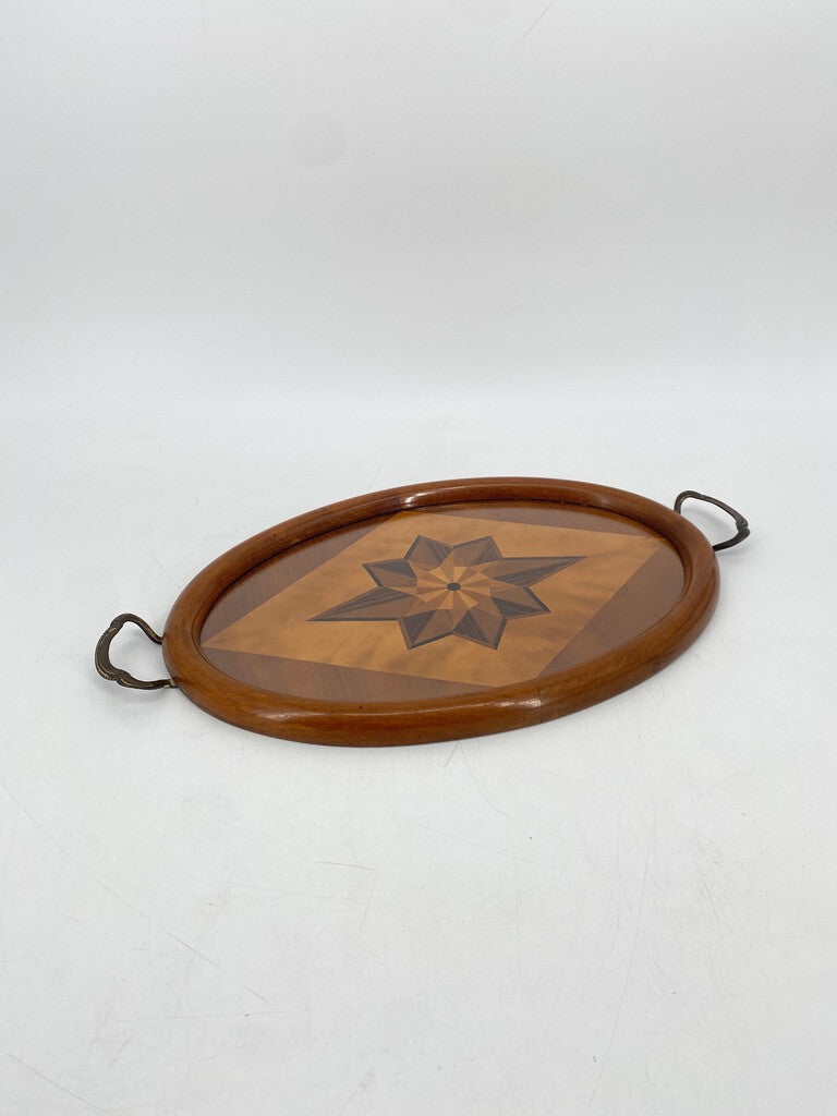* TABLETT OVAL ANTIK 1900 HOLZ INTARSIEN STERN MESSING GLASPLATTE SERVIERTABLETT