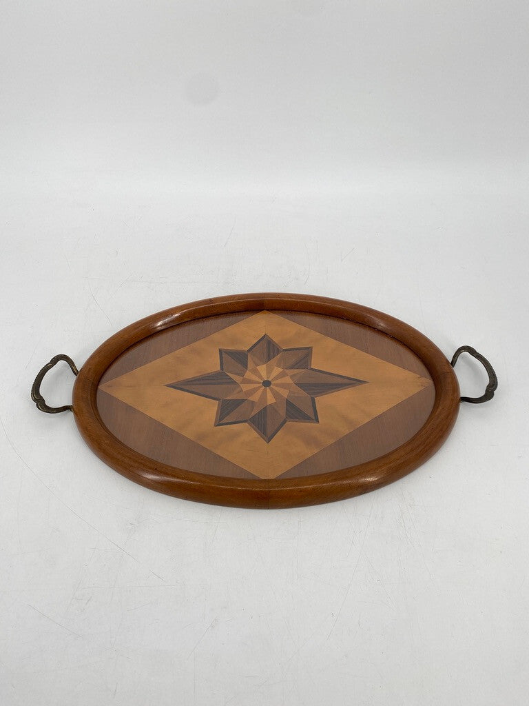 * TABLETT OVAL ANTIK 1900 HOLZ INTARSIEN STERN MESSING GLASPLATTE SERVIERTABLETT