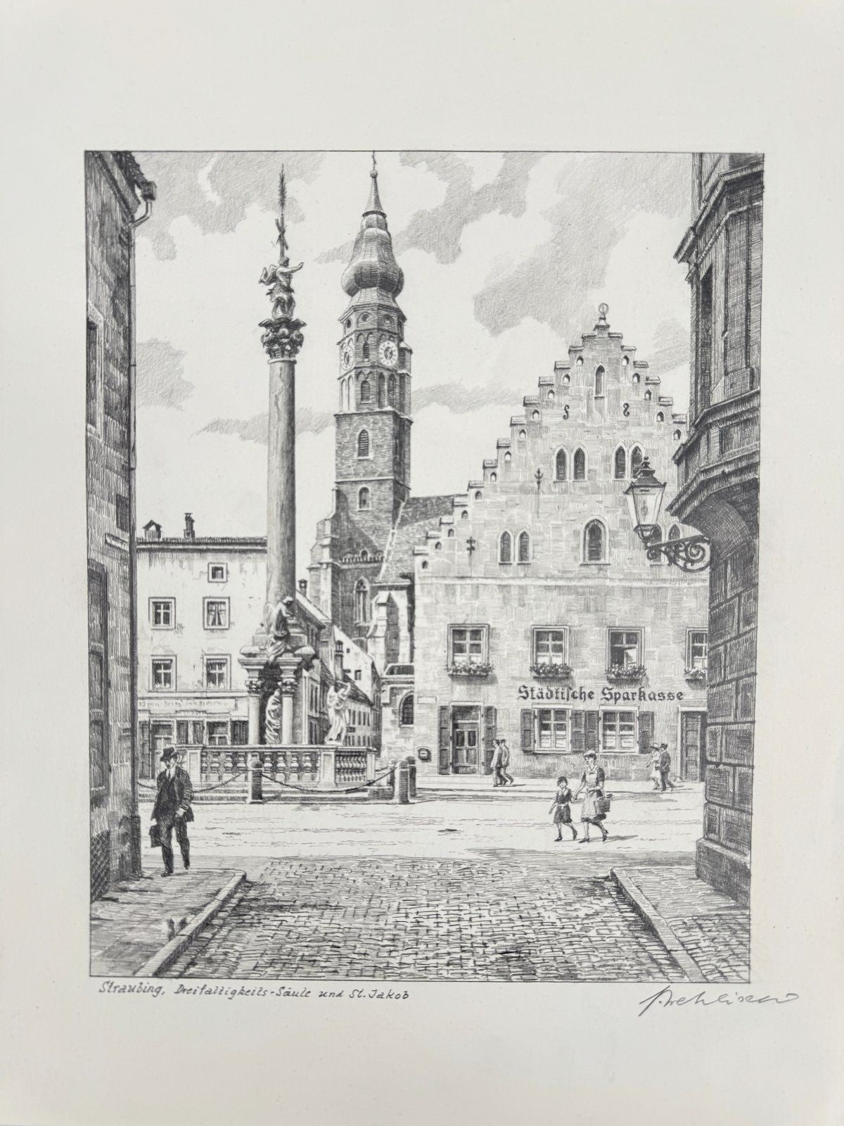 * HEINZ WEHLISCH ZEICHNUNG STRAUBING DREIFALTIGKEITS SÄULE ANSICH