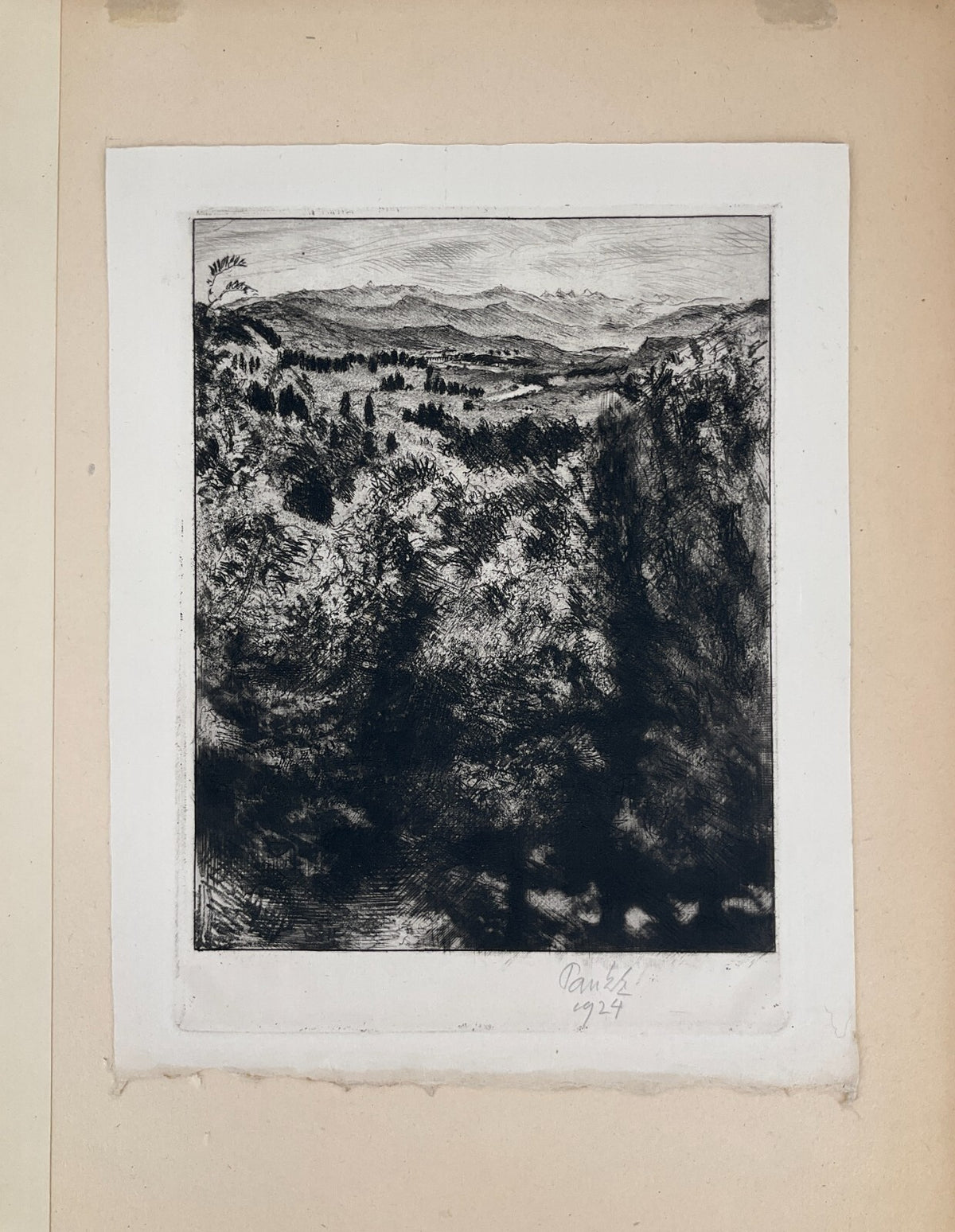 *RADIERUNG BERNHARD PANKOK HÜGELIGE LANDSCHAFT BLICK AUF BAIERBRUNN 1924 SIGNIER