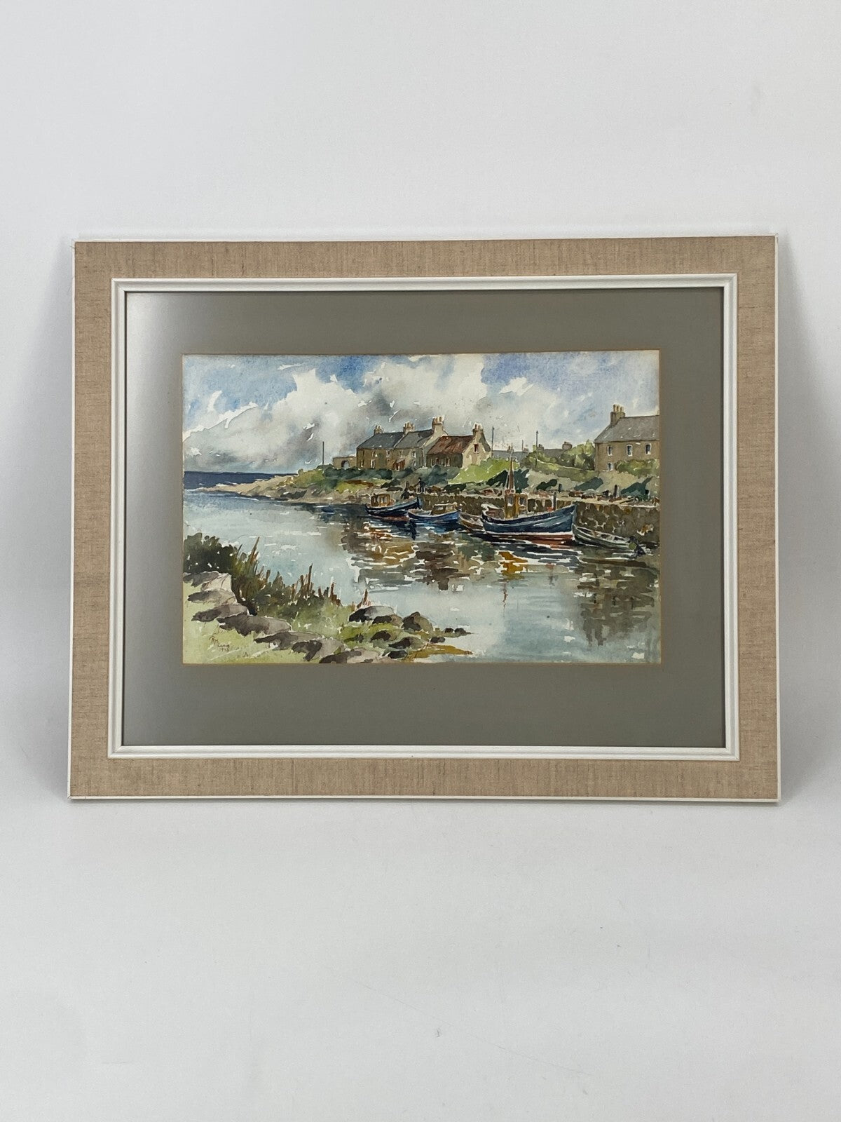 * GEMÄLDE HAFEN AQUARELL R. M. LAMING SIGNIERT FISCHER BOOTE MEER VINTAGE
