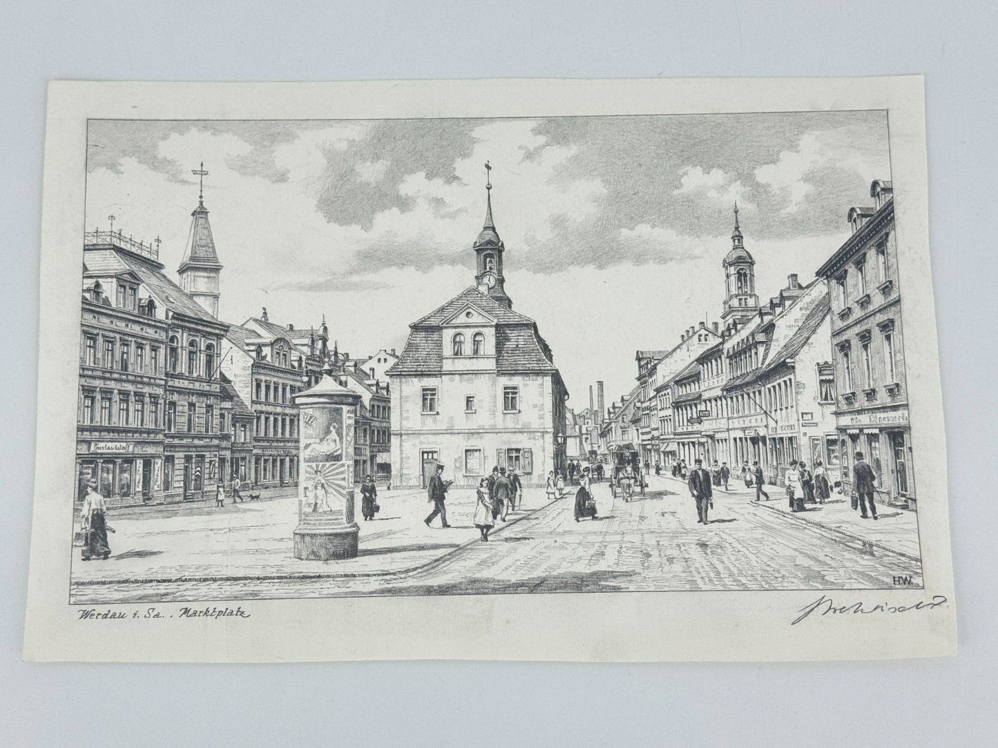 * HEINZ WEHLISCH ZEICHNUNG WERDAU SACHSEN MARKPLATZ ANSICHT SIGNI