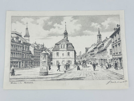 * HEINZ WEHLISCH ZEICHNUNG WERDAU SACHSEN MARKPLATZ ANSICHT SIGNI