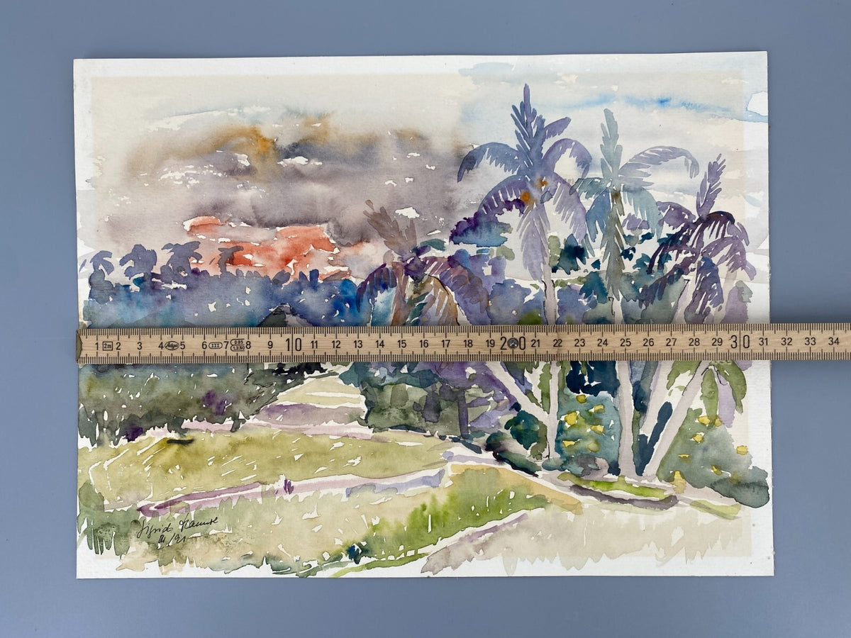 *AQUARELLGEMÄLDE ITALIEN LANDSCHAFT MEDITERRAN PALMEN VILLA SIGRID HANNSE UNIKAT