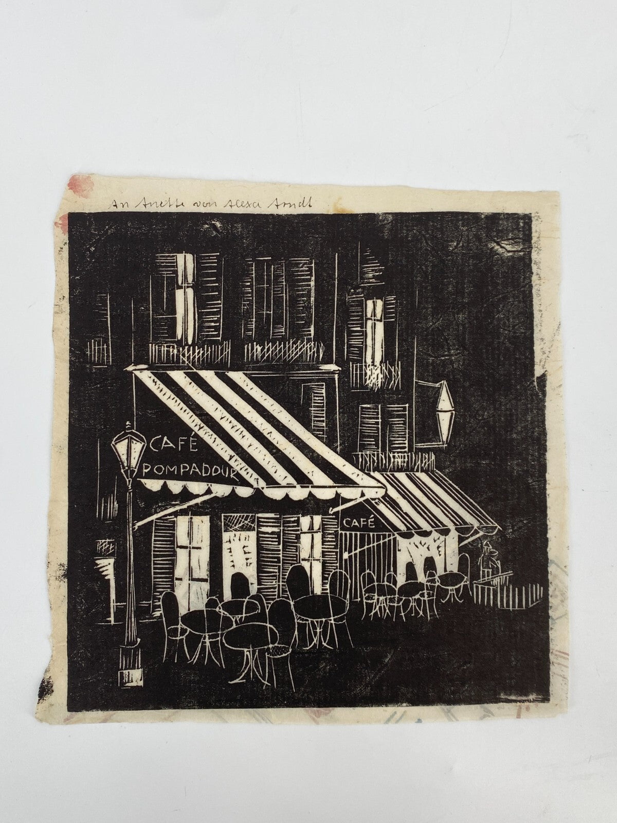* CAFE POMPADOUR LINOLSCHNITT BILD GRAFIK ALEXA ARNDT GEWIDMET ANETTE