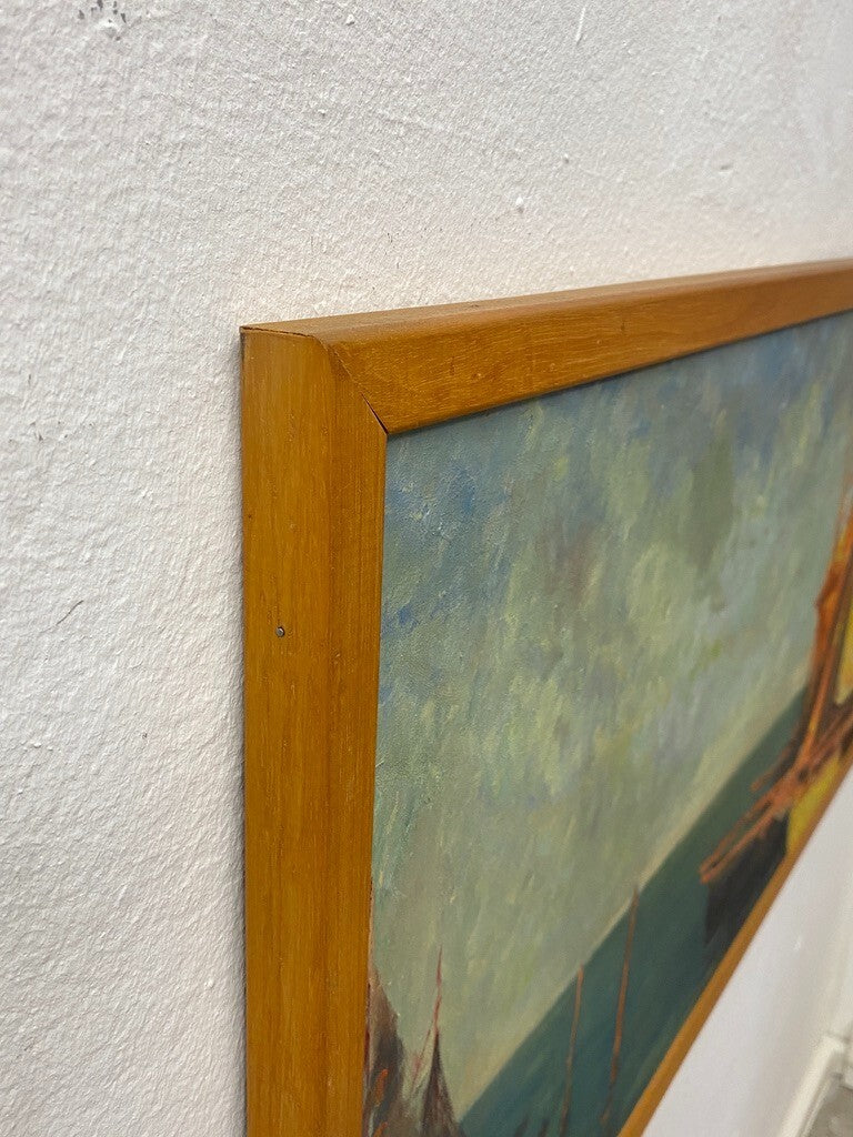* ÖLGEMÄLDE GEMÄLDE AUGUST ENDRUSCHAT SEGELBOOT HAFEN MEER VINTAGE SIGNIERT