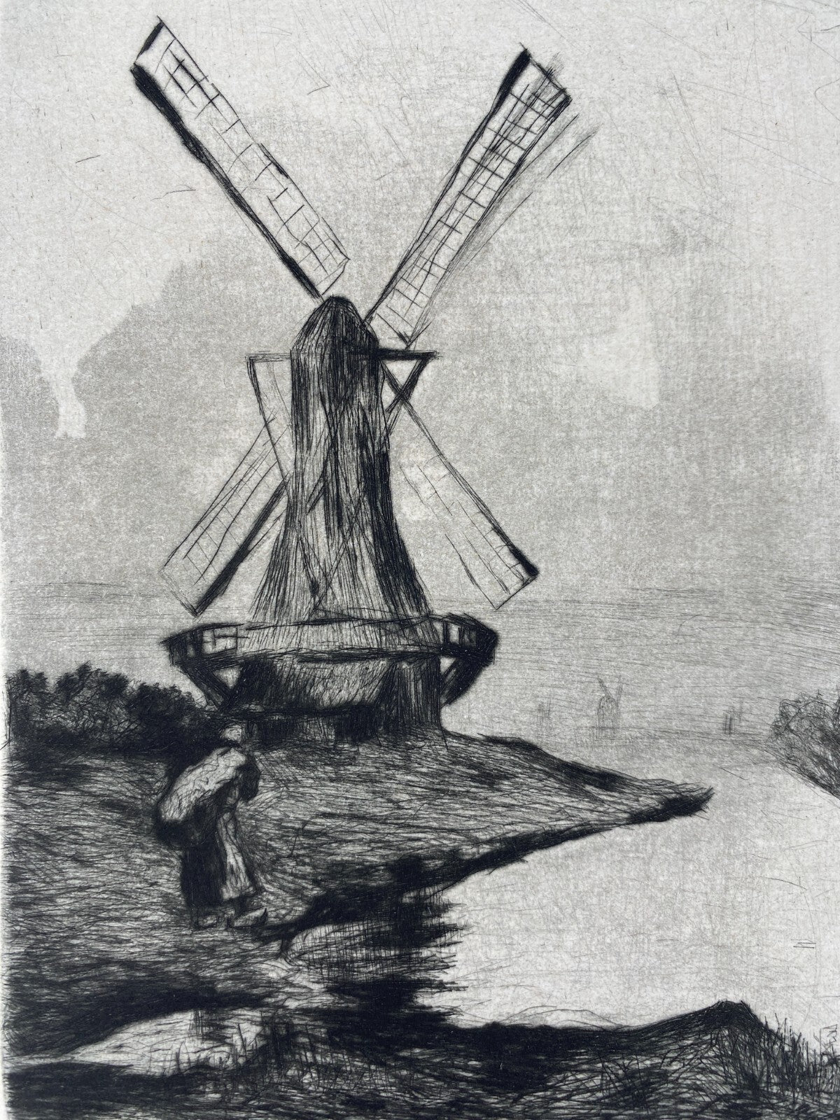 *RADIERUNG URY LESSER LANDSCHAFT MIT HOLLÄNDISCHEN MÜHLE GESTEMPELT 1920/1982