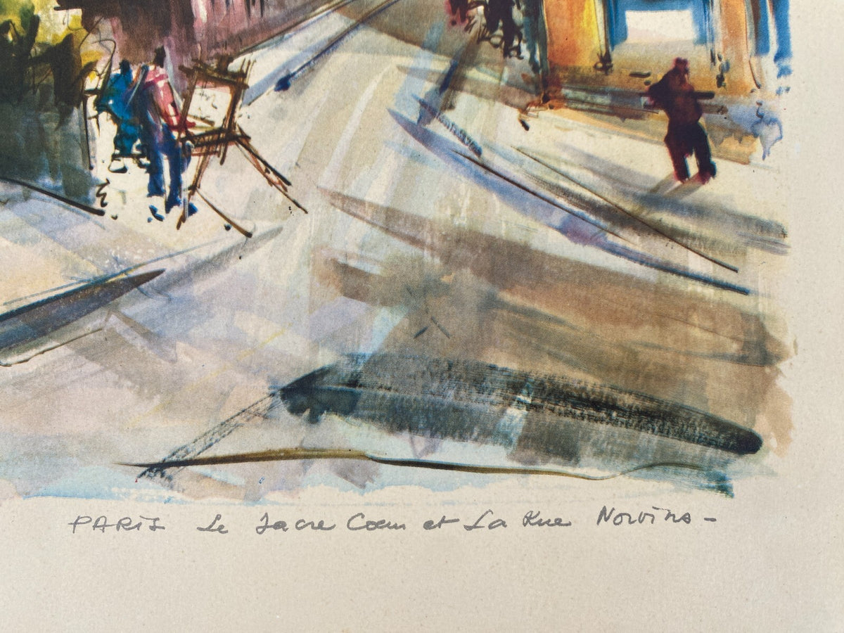 *KUNSTDRUCK AQUARELL MARIUS GIRARD PARIS RUE NORVINS ET LE SACRE-COEUR VINTAGE