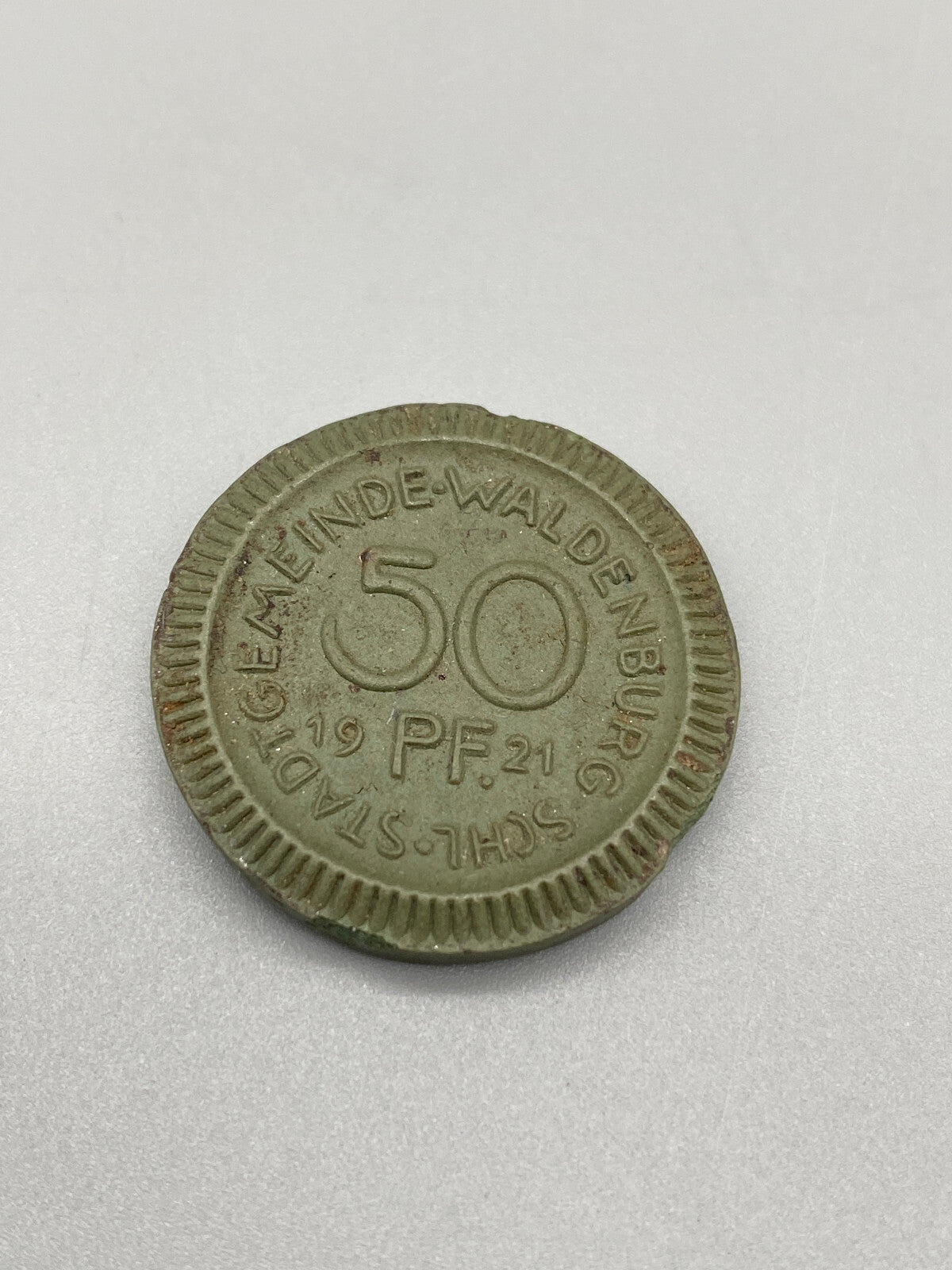 NOTGELD WALDENBURG SCHLESIEN 50 PFENNIG 1921 GRÜNES PORZELLAN SAMMLERSTÜCK
