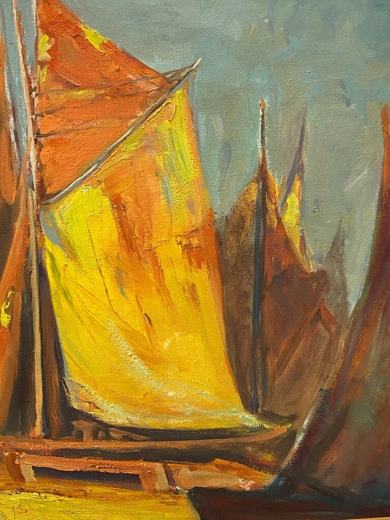 * ÖLGEMÄLDE GEMÄLDE AUGUST ENDRUSCHAT SEGELBOOT HAFEN MEER VINTAGE SIGNIERT