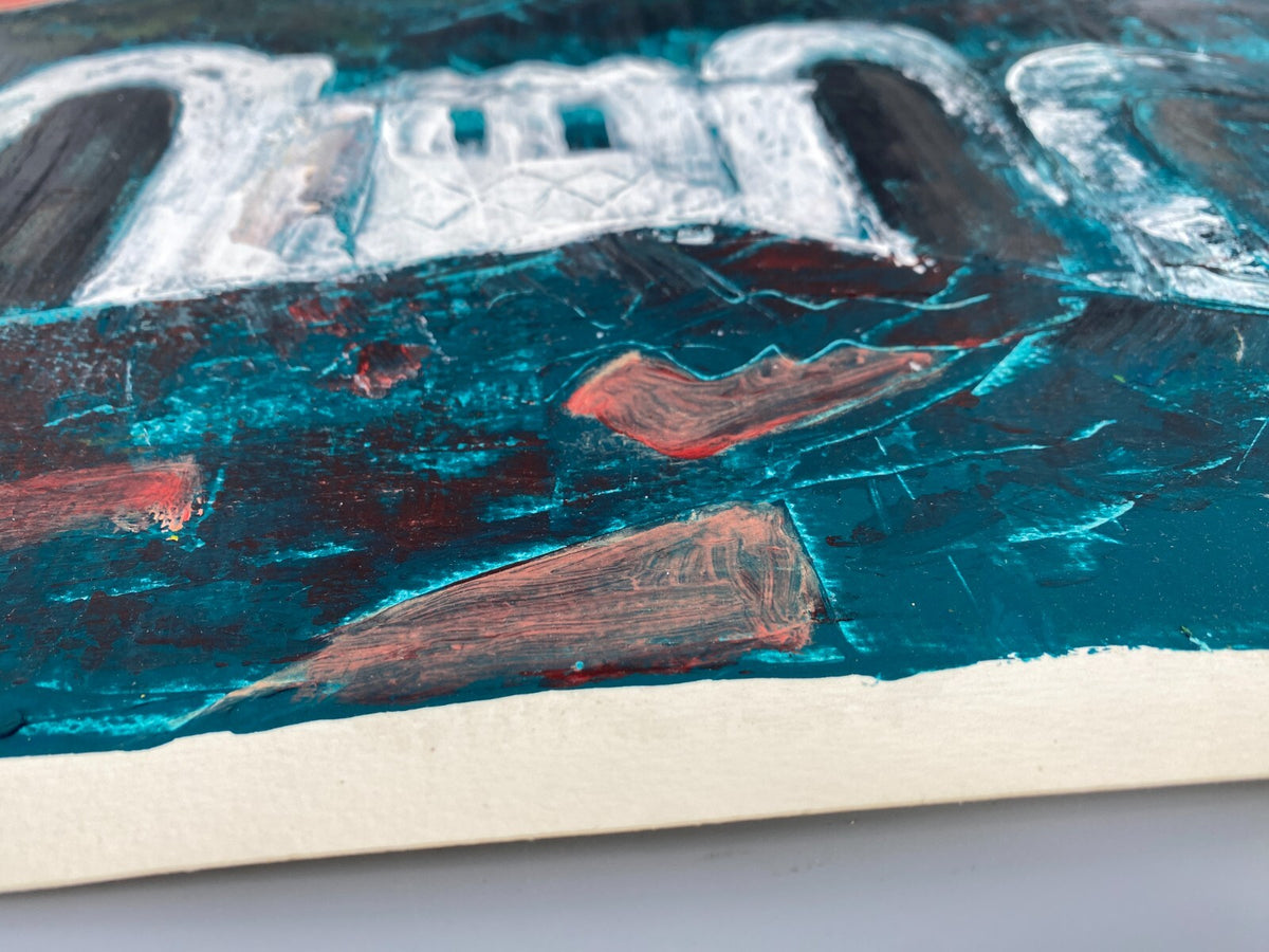 *GEMÄLDE ACRYL LANDSCHAFT NAHOST GEBÄUDE WEIß GRÜN SIGRID HANNSE UNIKAT 90ER