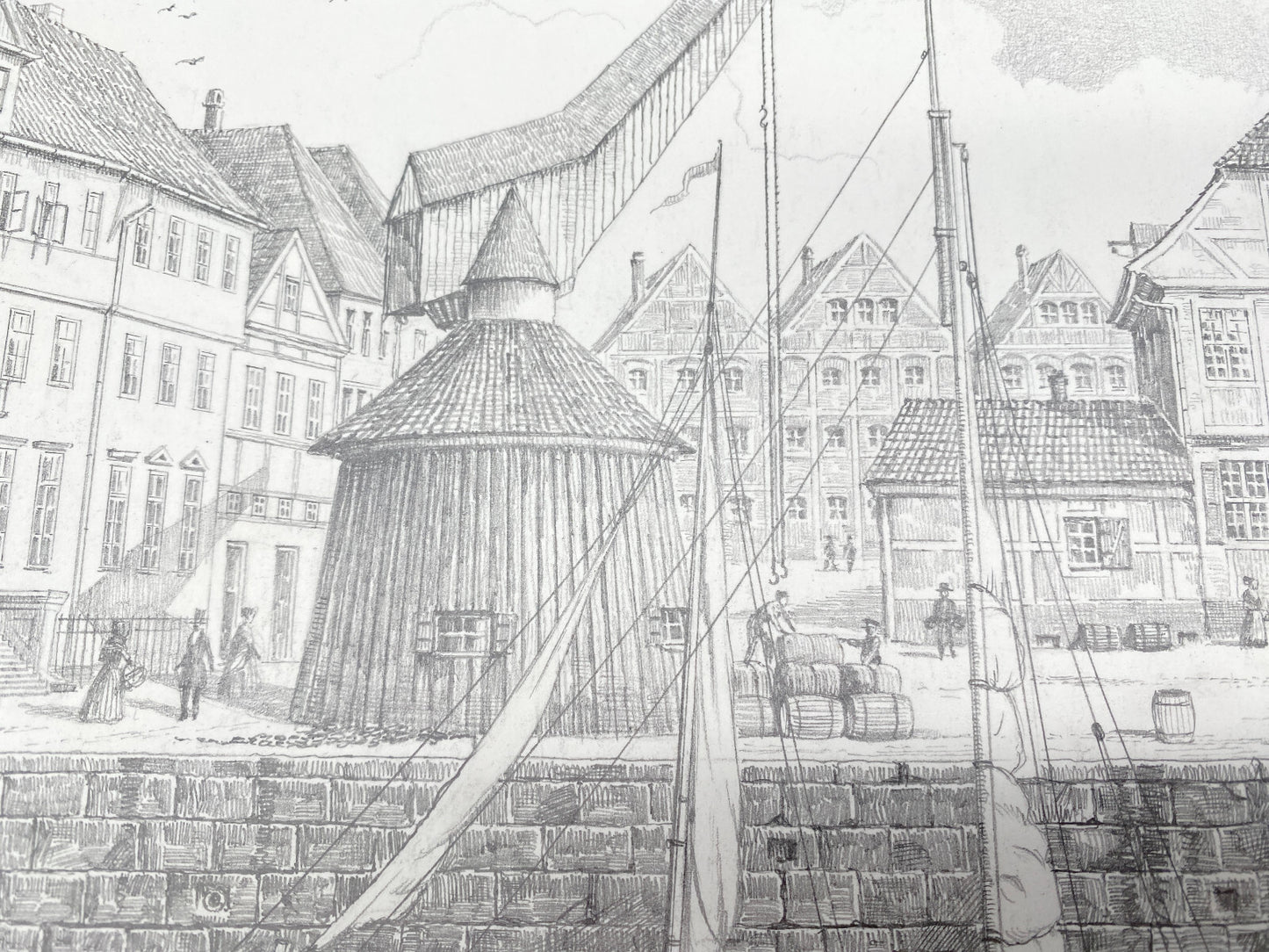 HEINZ WEHLISCH DEUTSCHER KÜNSTLER ZEICHNUNG STADE FISCHMARKT UM 1845 SIGNIERT