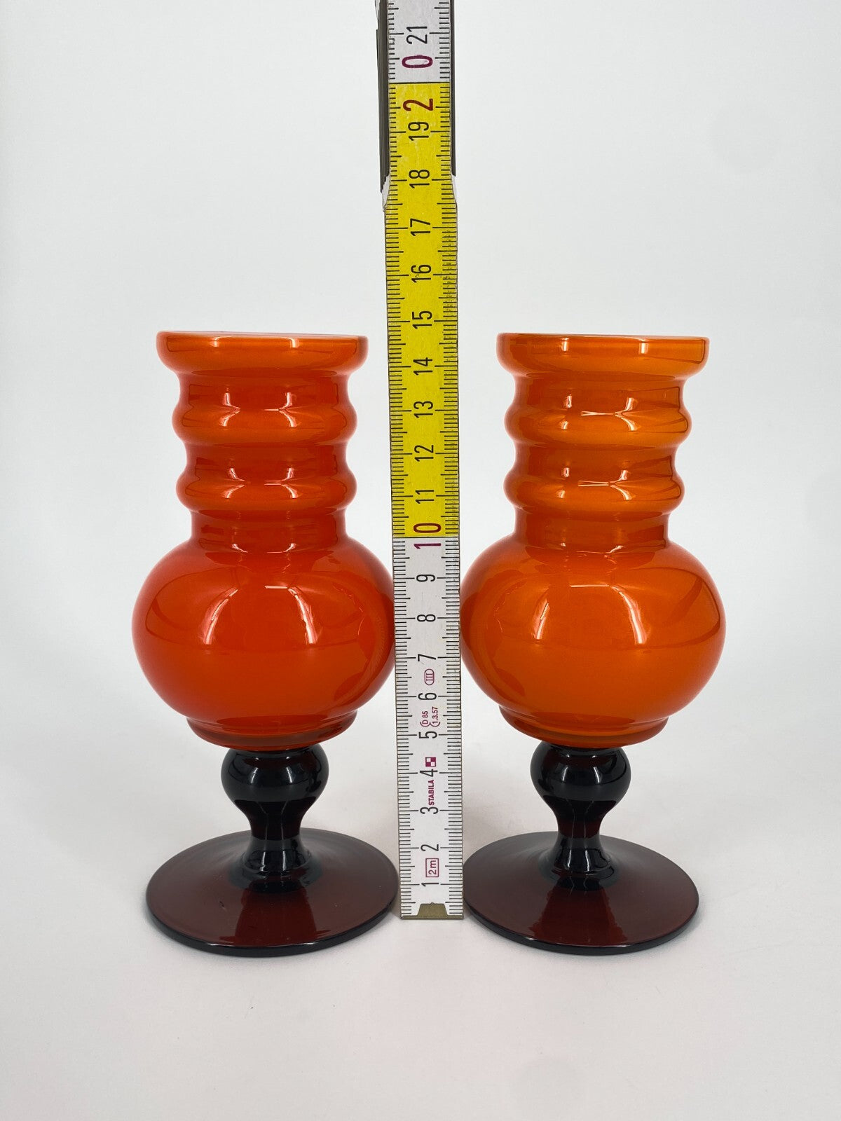 * 2x GLAS VASEN 60ER 70ER HOOPED ORANGE BRAUN 15 CM MIDCENTURY DESIGN