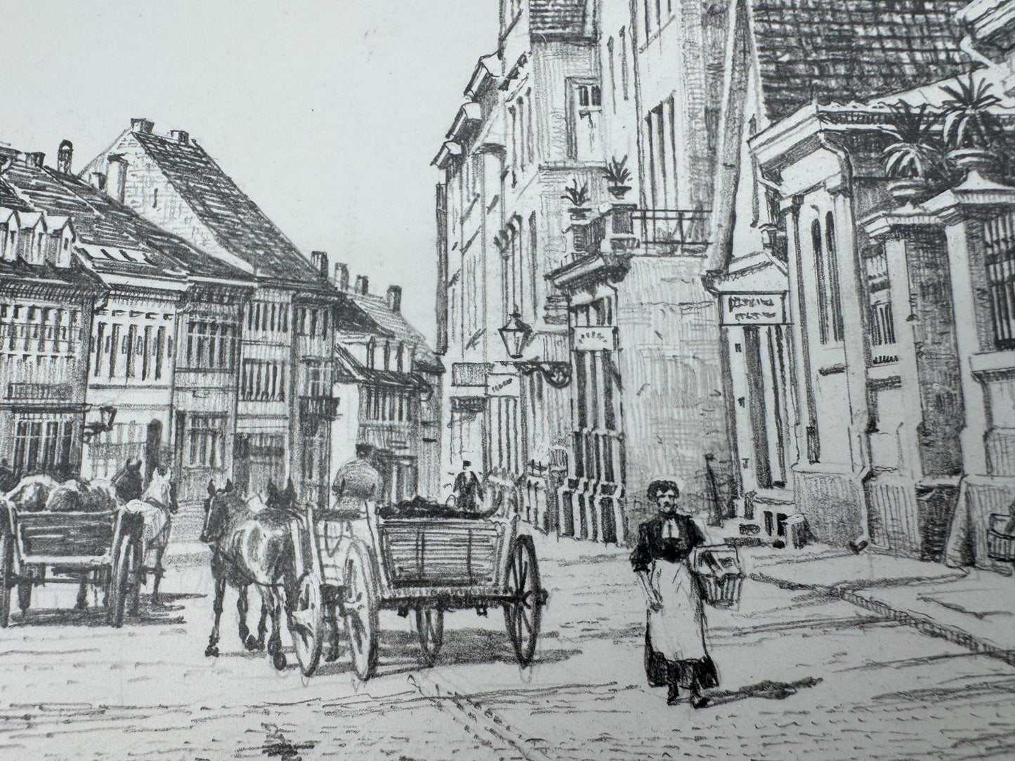 * HEINZ WEHLISCH ZEICHNUNG PFORZHEIM AM LEOPOLDPLATZ UM 1890 ANSICHT