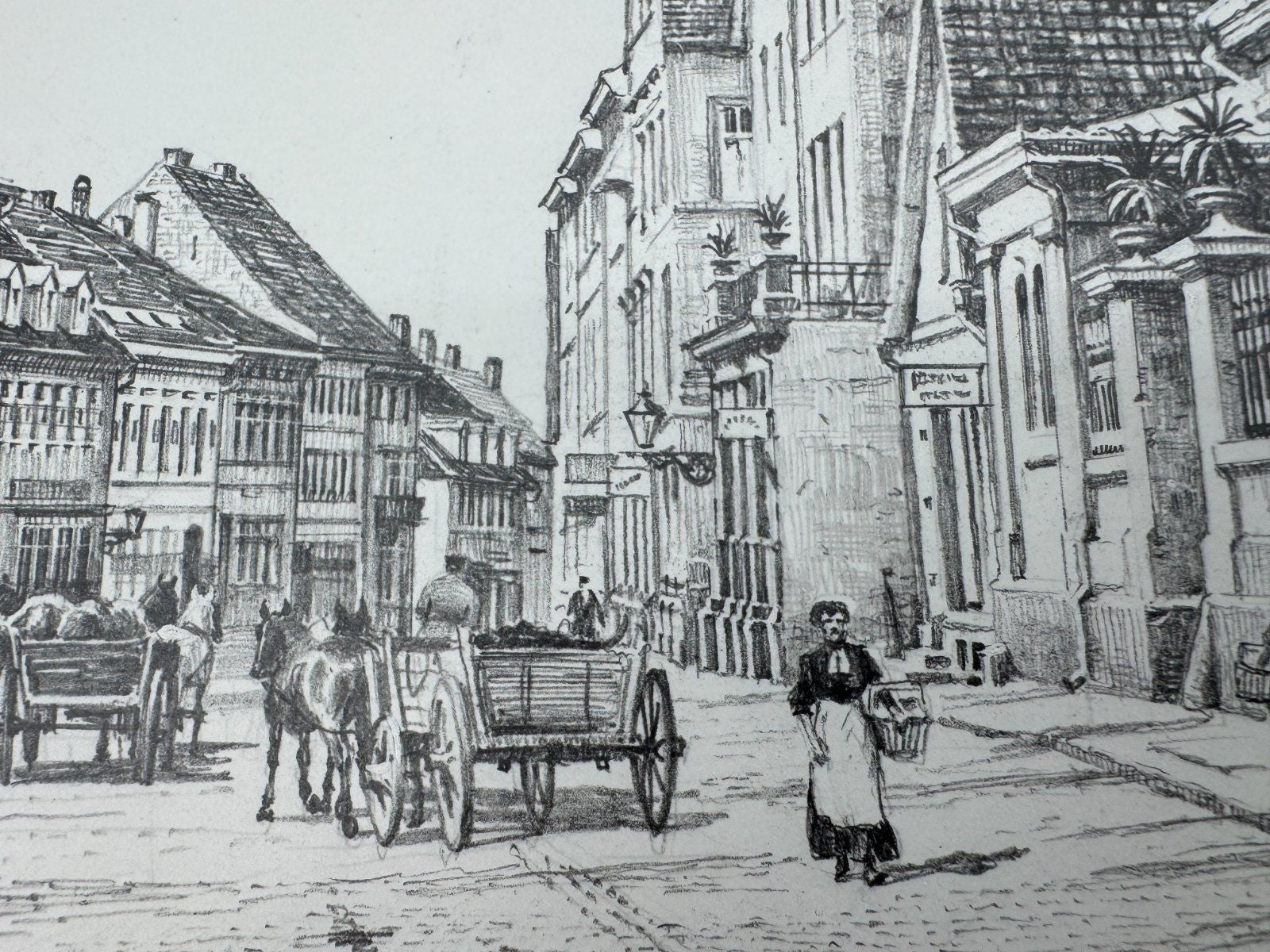* HEINZ WEHLISCH ZEICHNUNG PFORZHEIM AM LEOPOLDPLATZ UM 1890 ANSICHT