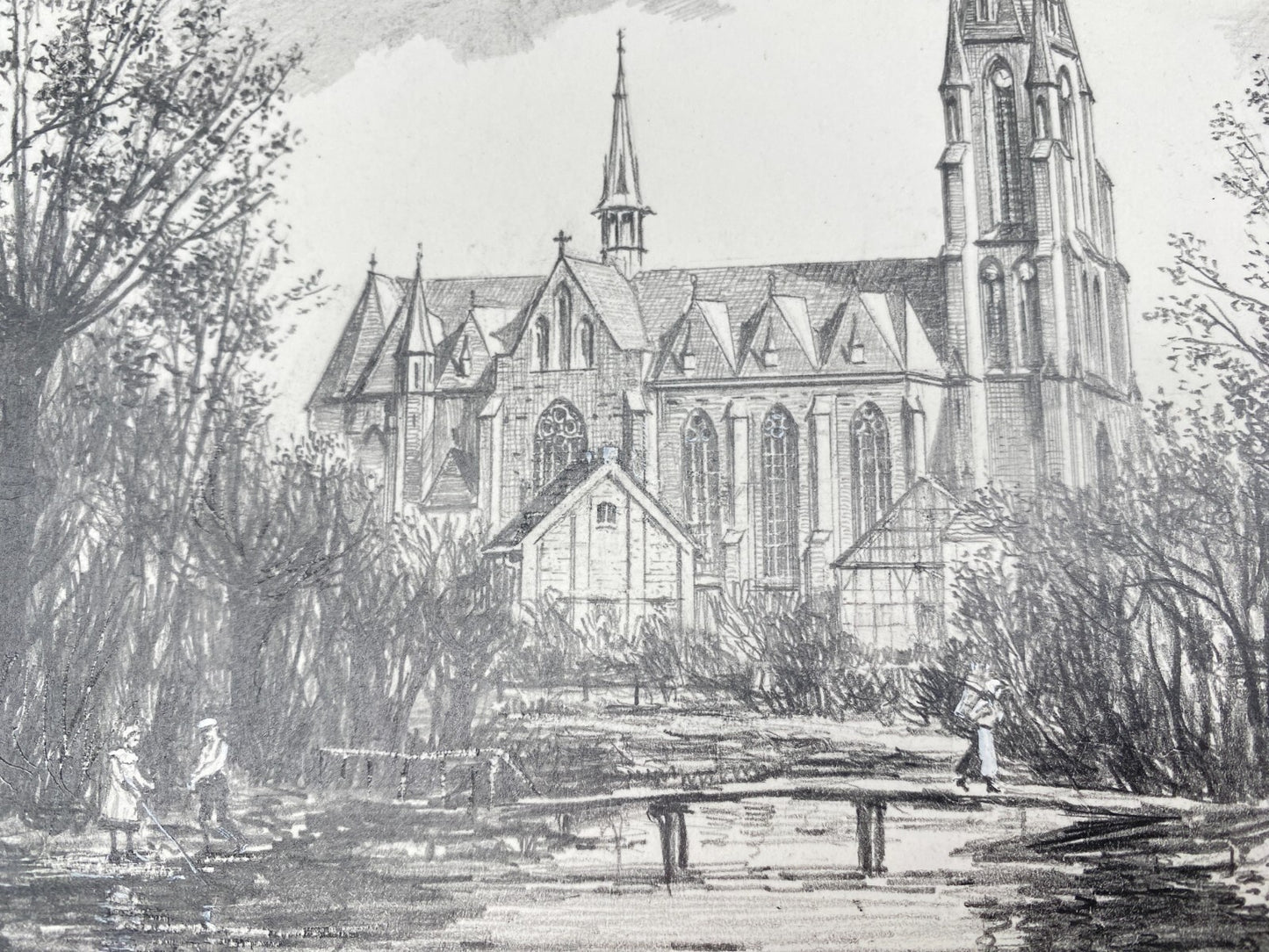 DEUTSCHER KÜNSTLER HEINZ WEHLISCH ZEICHNUNG BUER URBANUS KIRCHE 1900 SIGNIERT