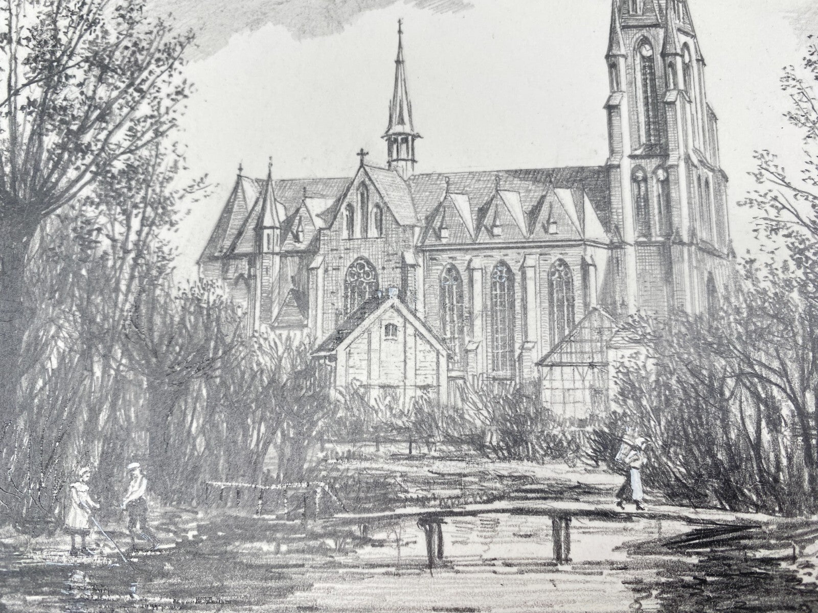 DEUTSCHER KÜNSTLER HEINZ WEHLISCH ZEICHNUNG BUER URBANUS KIRCHE 1900 SIGNIERT