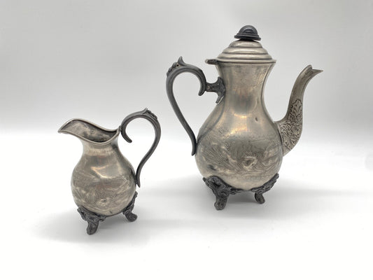 ANTIKES ZINN KAFFEE MOKKA TEEGESCHIRR ENGLAND 1900 JAHRHUNDERT BLUMENMUSTER