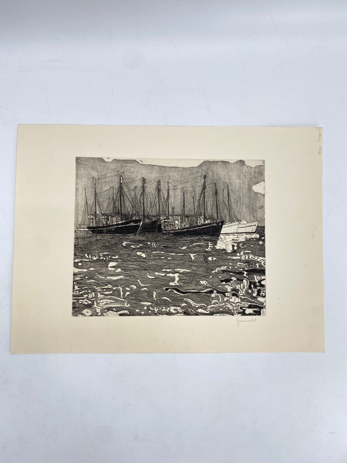 * HERBERT GRUNWALDT 1965 RADIERUNG ORIGINAL FISCHERBOOTE HAFEN SIGNIERT