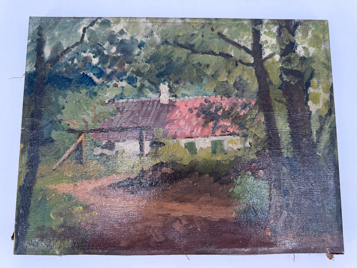 ÖL GEMÄLDE DORFLANDSCHAFT HAUS IM GRÜNEN ANTIK 36X 27 ANTIK