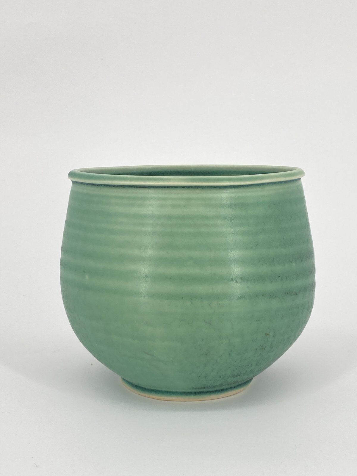 * STUDIOKERAMIK VASE RUND OVAL JADE GRÜN MARMORIERT RINGE VINTAGE