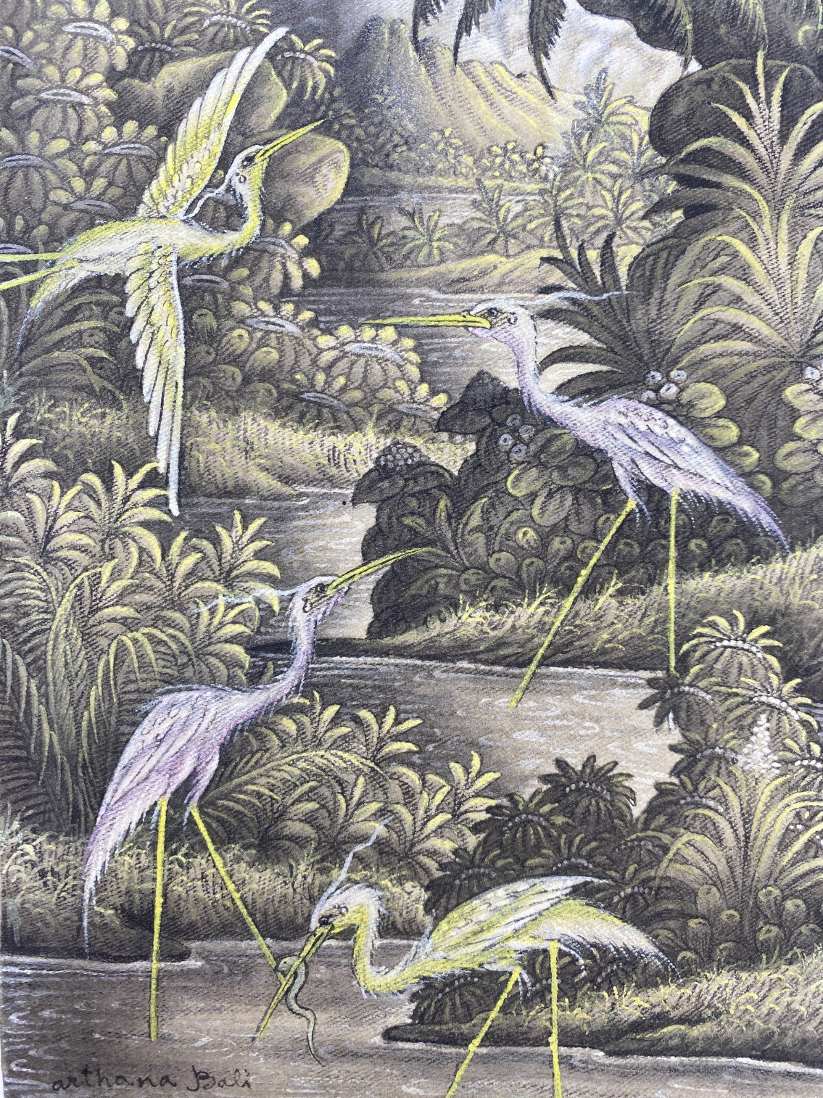 * REIHER BALI 80ER GEMÄLDE ARTHANA PELIATAN UBUD BILD ACRYL LEINWAND VINTAGE