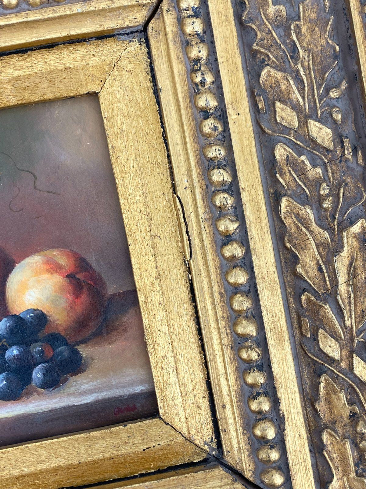 *ÖLGEMÄLDE STILLLEBEN HERBST FRÜCHTE TRAUBE BIRNE PFIRSICH RAHMEN