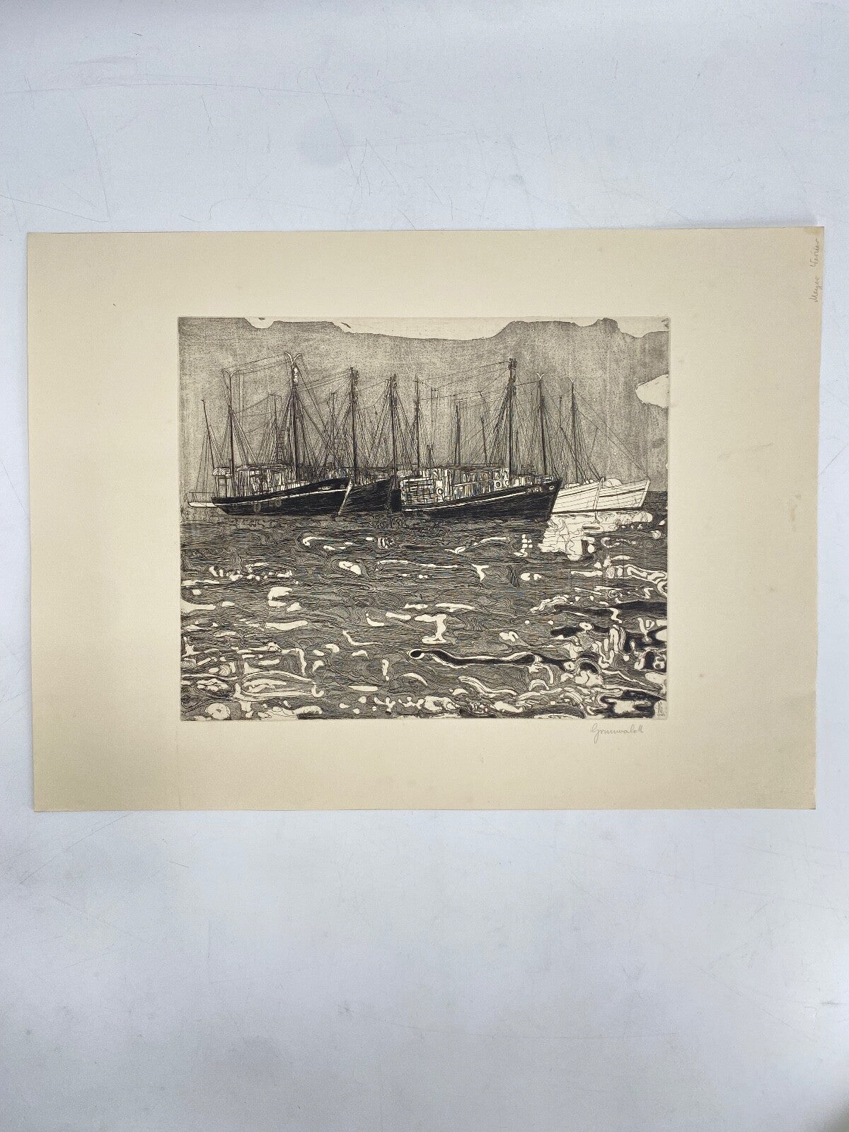 * HERBERT GRUNWALDT 1965 RADIERUNG ORIGINAL FISCHERBOOTE HAFEN SIGNIERT