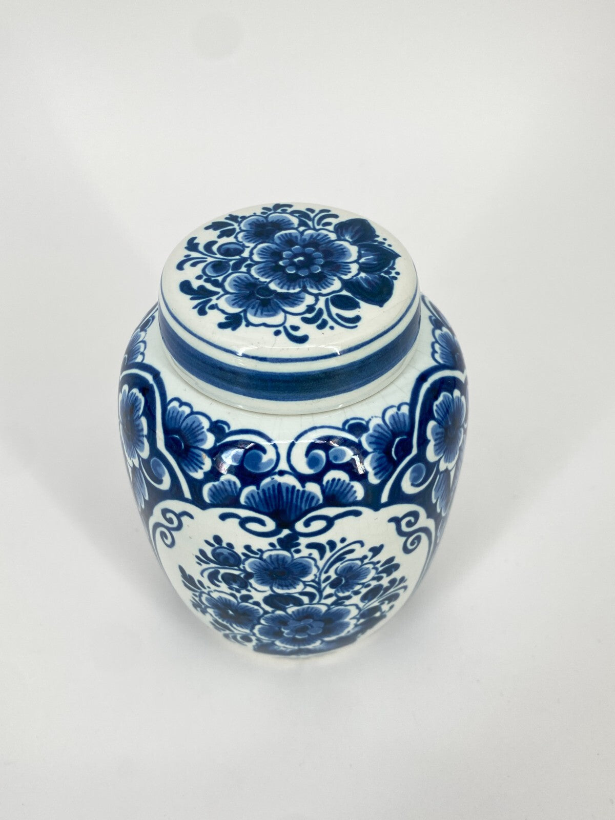 * OUD DELFT KERAMIK DECKEL DOSE VASE BLAUMALEREI BLAU WEIß BLUMEN 12CM