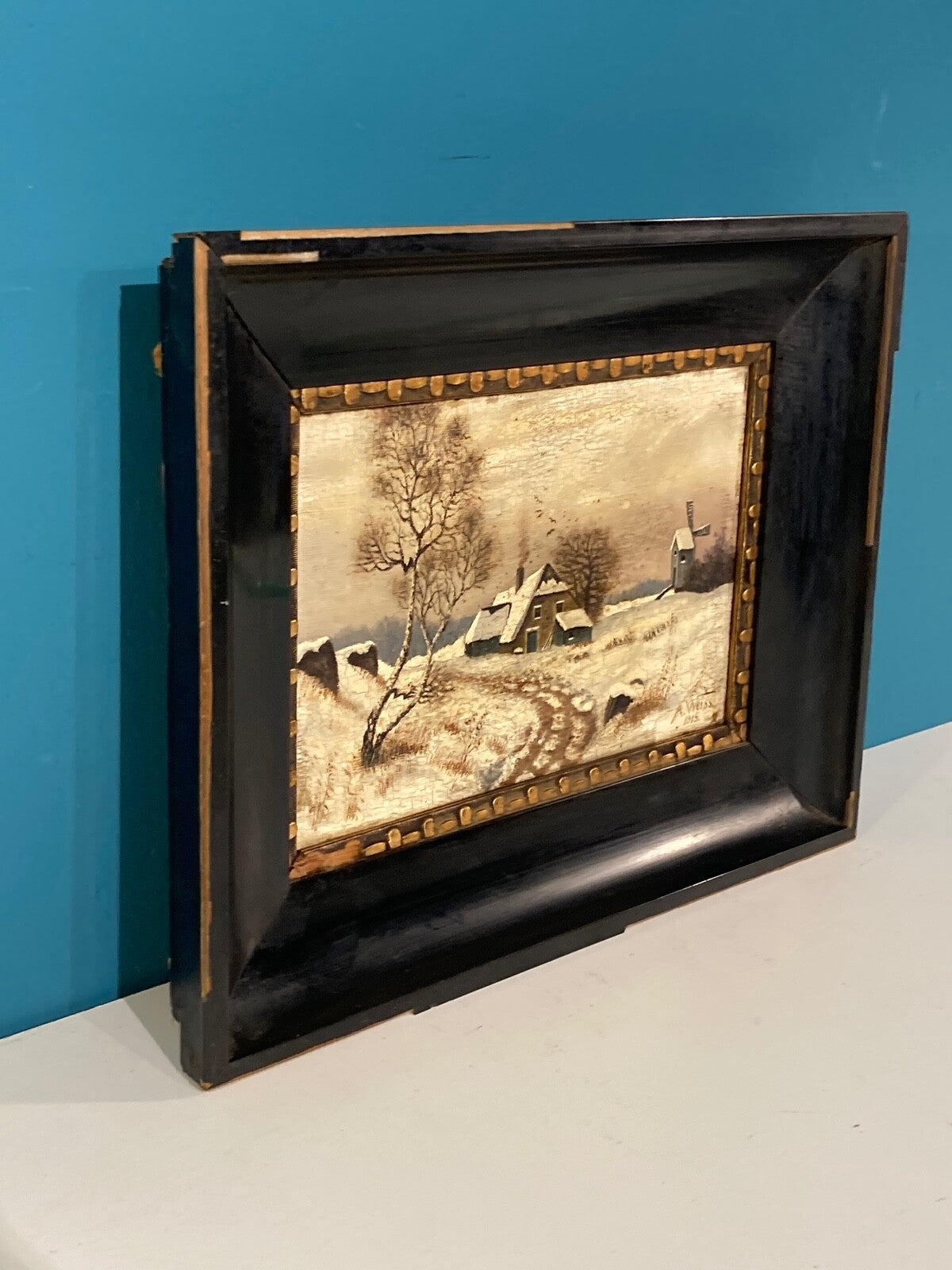 GEMÄLDE ÖL LEINWAND WINTERLANDSCHAFT A.WEISS 1915 MINIATUR MÜHLE