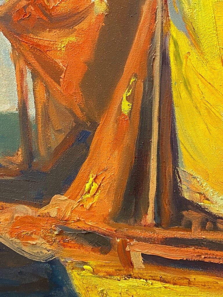 * ÖLGEMÄLDE GEMÄLDE AUGUST ENDRUSCHAT SEGELBOOT HAFEN MEER VINTAGE SIGNIERT