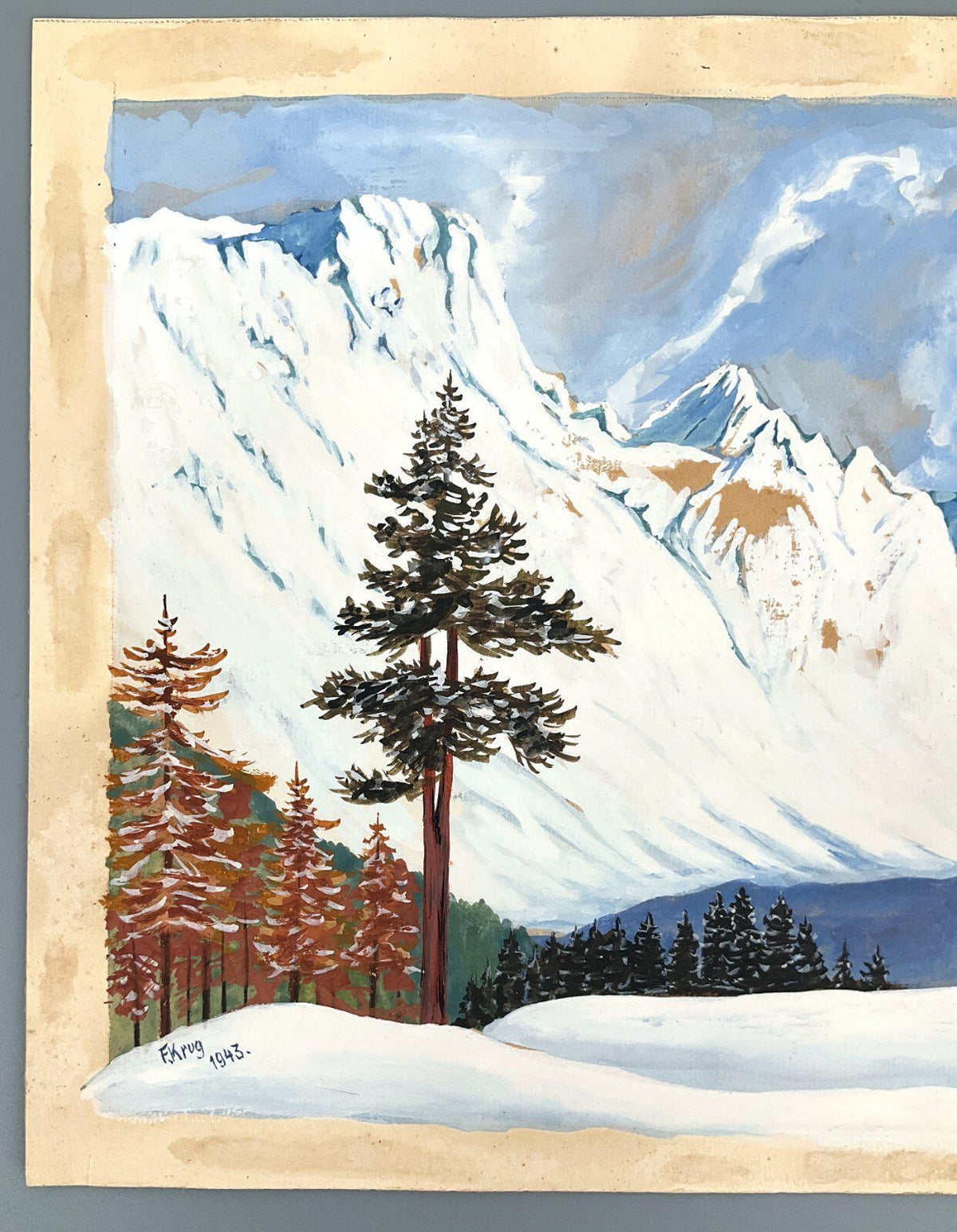 *GEMÄLDE GOUACHE F. KRUG WINTERLANDSCHAFT BERGLANDSCHAFT 1943