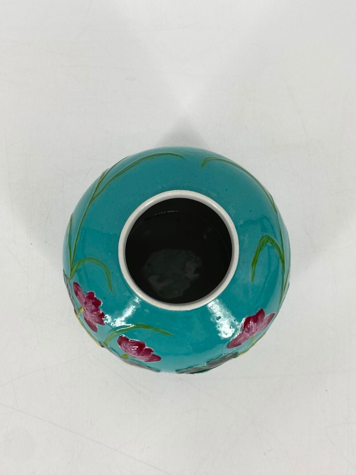 * CHINESISCHE KERAMIK VASE KRANICH SEEROSE RELIEF TÜRKIS VINTAGE
