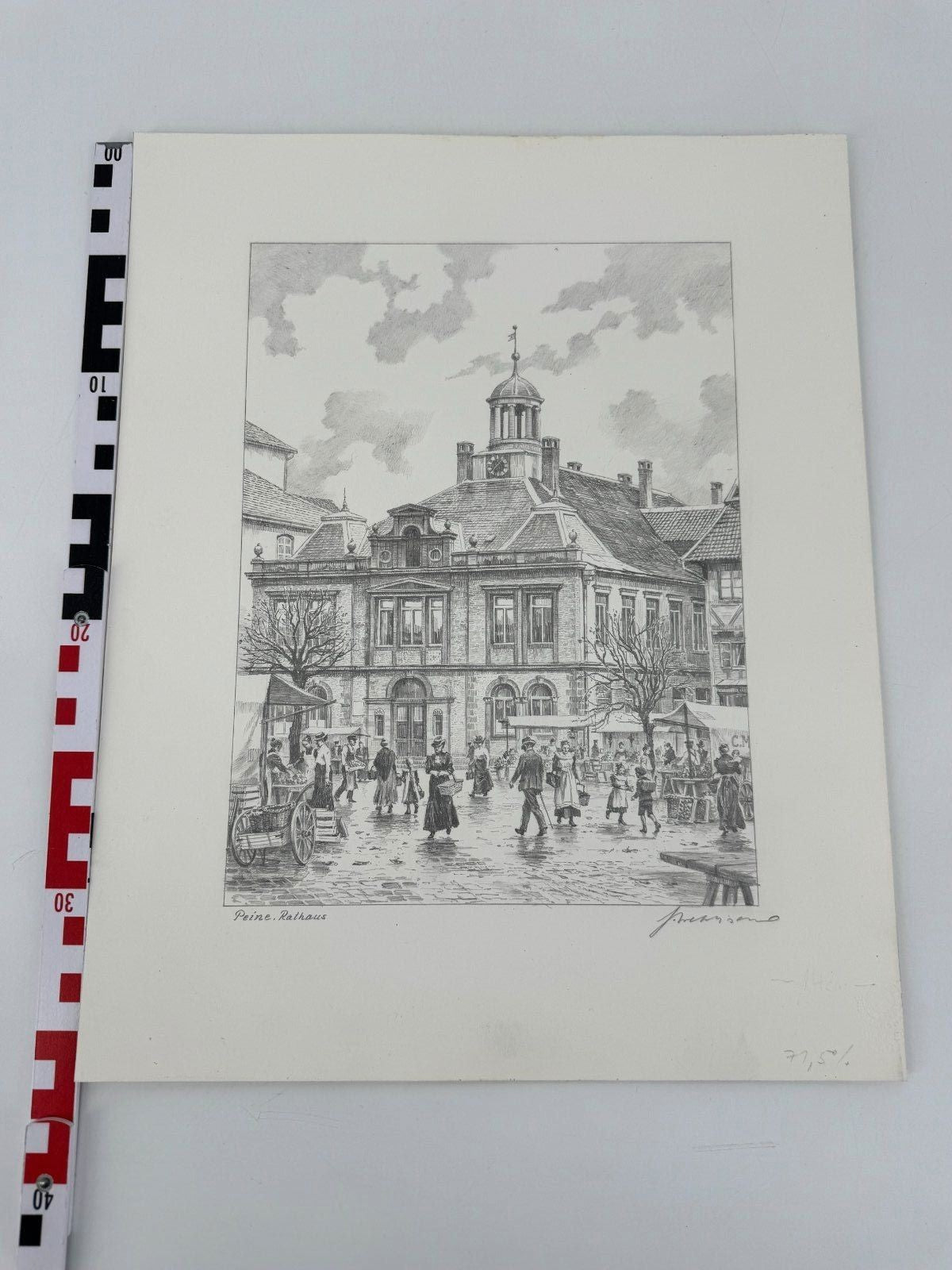 * HEINZ WEHLISCH ZEICHNUNG PEINE RATHAUS ANSICHT SIGNIERT