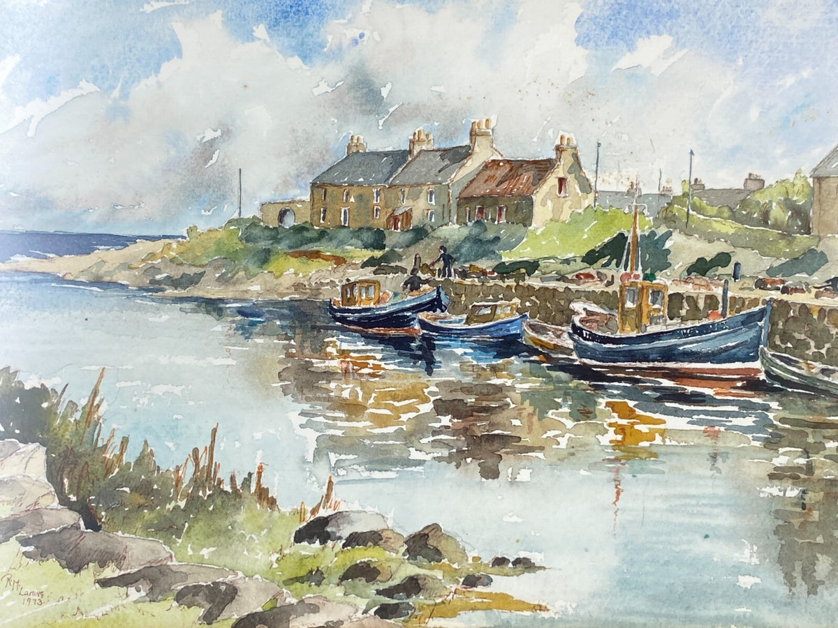 * GEMÄLDE HAFEN AQUARELL R. M. LAMING SIGNIERT FISCHER BOOTE MEER VINTAGE