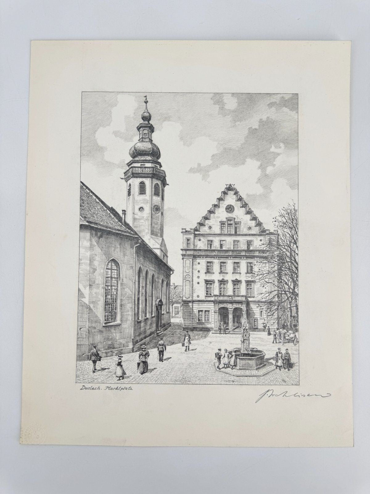 * HEINZ WEHLISCH ZEICHNUNG DURLACH MARKTPLATZ SIGNIERT